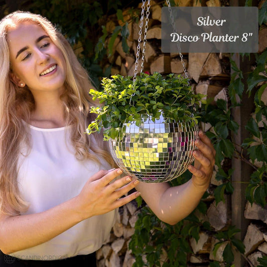 Disco Ball Planter – Value Package: Disco Planter with Chain, Macrame Hanger and Acrylic Stand, Includes Self Watering Insert, Preppy Room Decor, Funky Decor | 8 Inch Silver