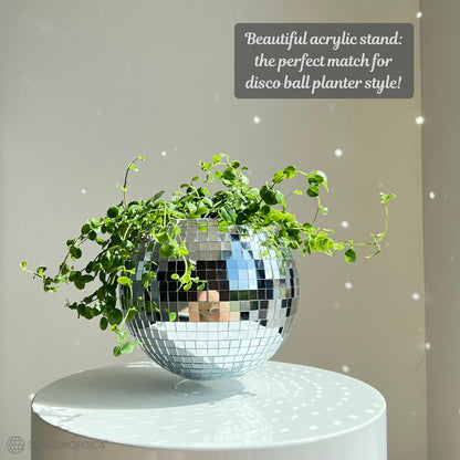 Disco Ball Planter – Value Package: Disco Planter with Chain, Macrame Hanger and Acrylic Stand, Includes Self Watering Insert, Preppy Room Decor, Funky Decor | 8 Inch Silver
