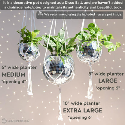 Disco Ball Planter – Value Package: Disco Planter with Chain, Macrame Hanger and Acrylic Stand, Includes Self Watering Insert, Preppy Room Decor, Funky Decor | 8 Inch Silver