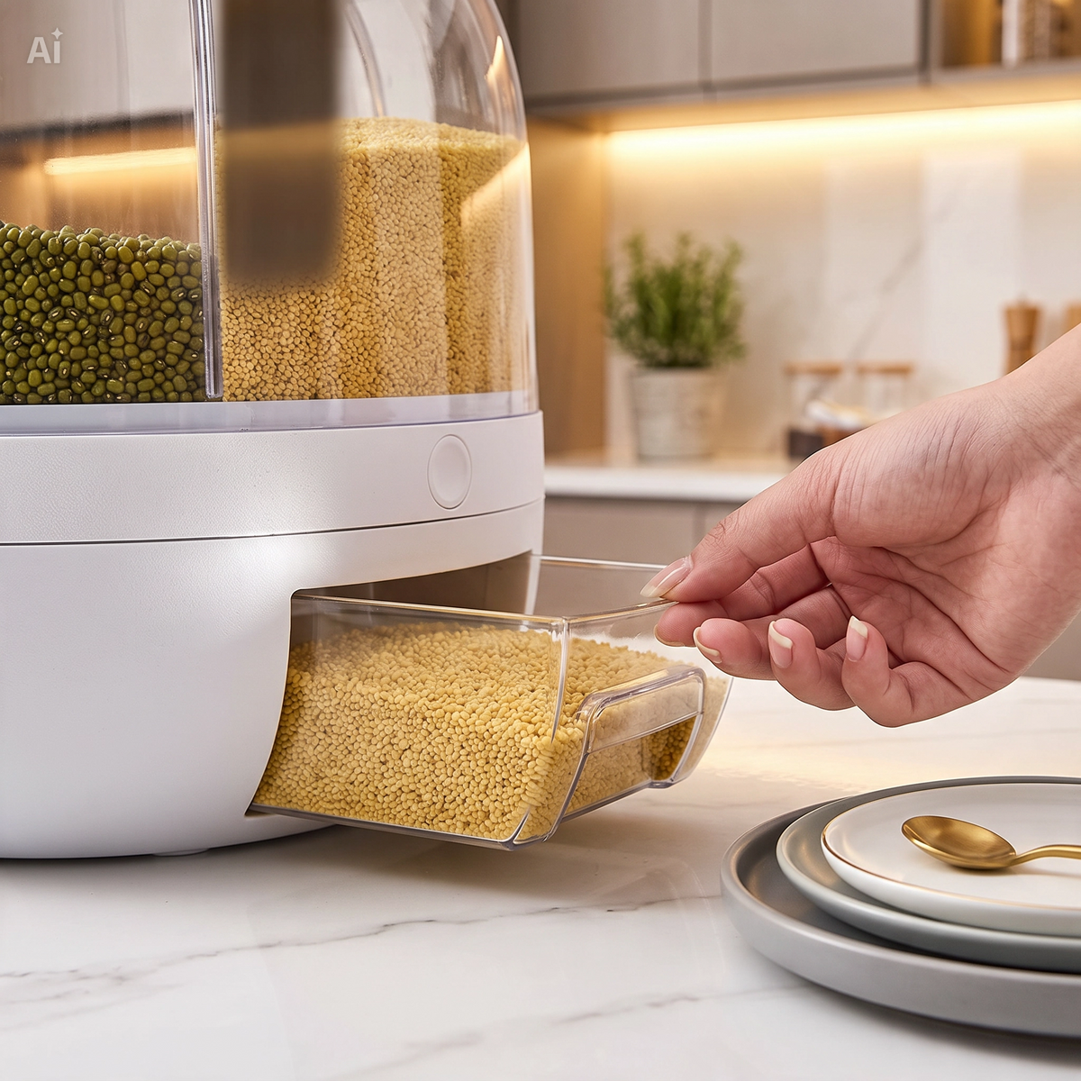 6 Grid Rice & Grain Storage Container, 360° Rotating Dry Food Dispenser Grain Food Storage Box